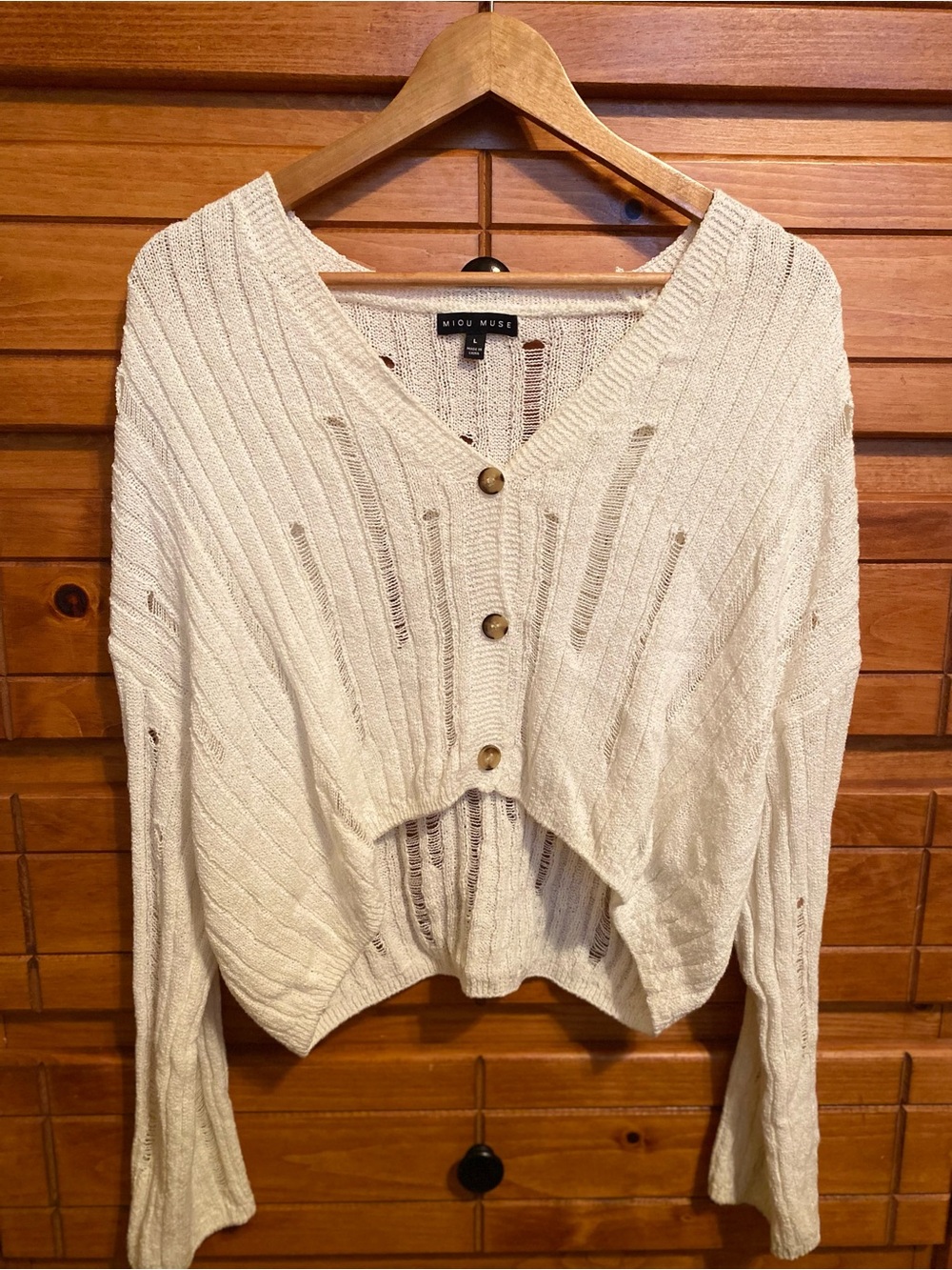 MIOU MUSE White Distressed Knit Button Cardigan Size Large